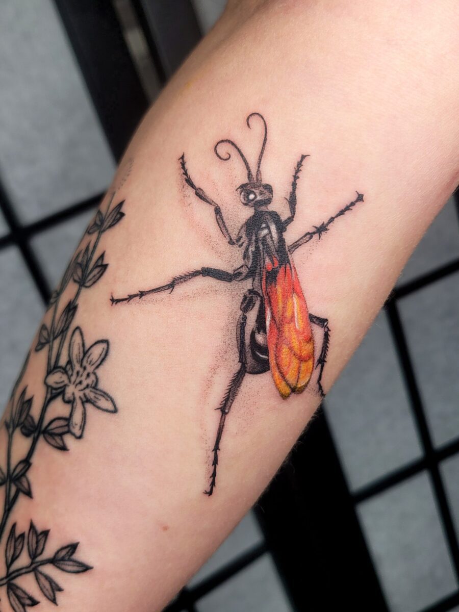 Tarantula hawk wasp tattoo by Jasmine at Broken Clover Tattoo in Tucson