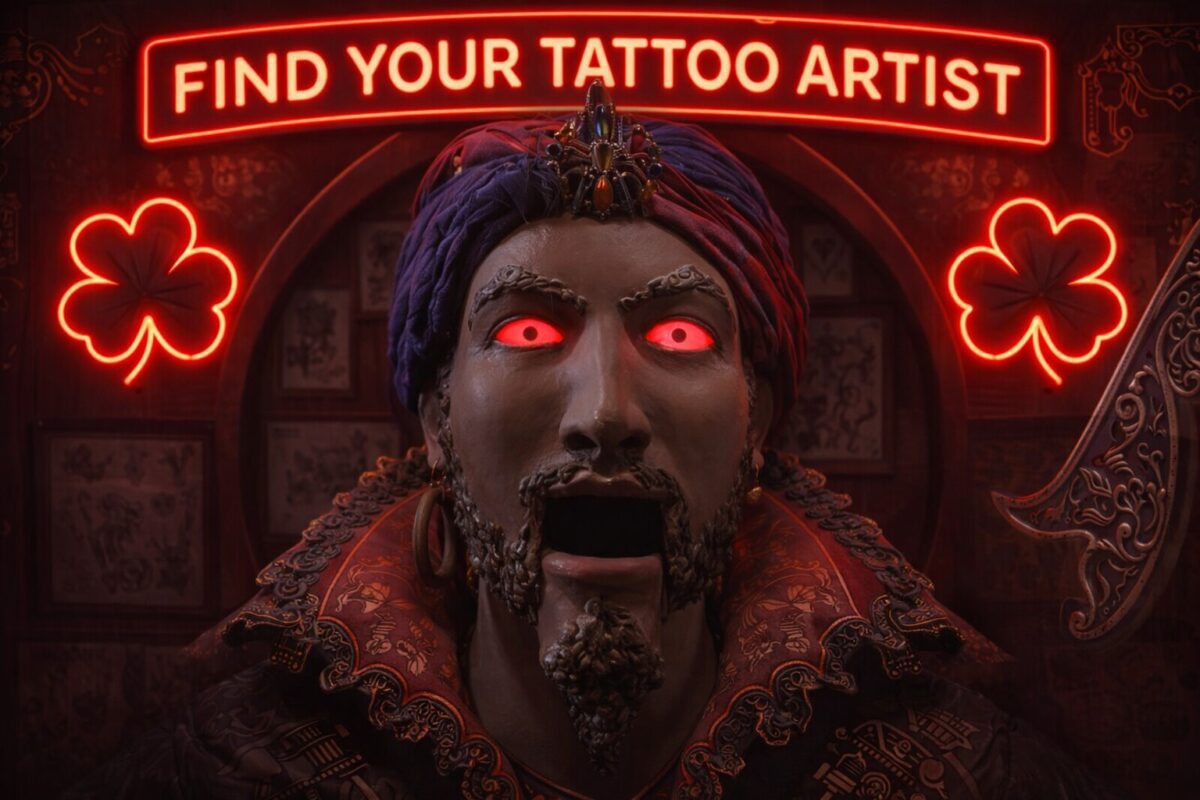 A dark neon‑lit scene with glowing red clovers and a stylized figure with illuminated eyes, used as the background for the Broken Clover artist‑matching quiz.