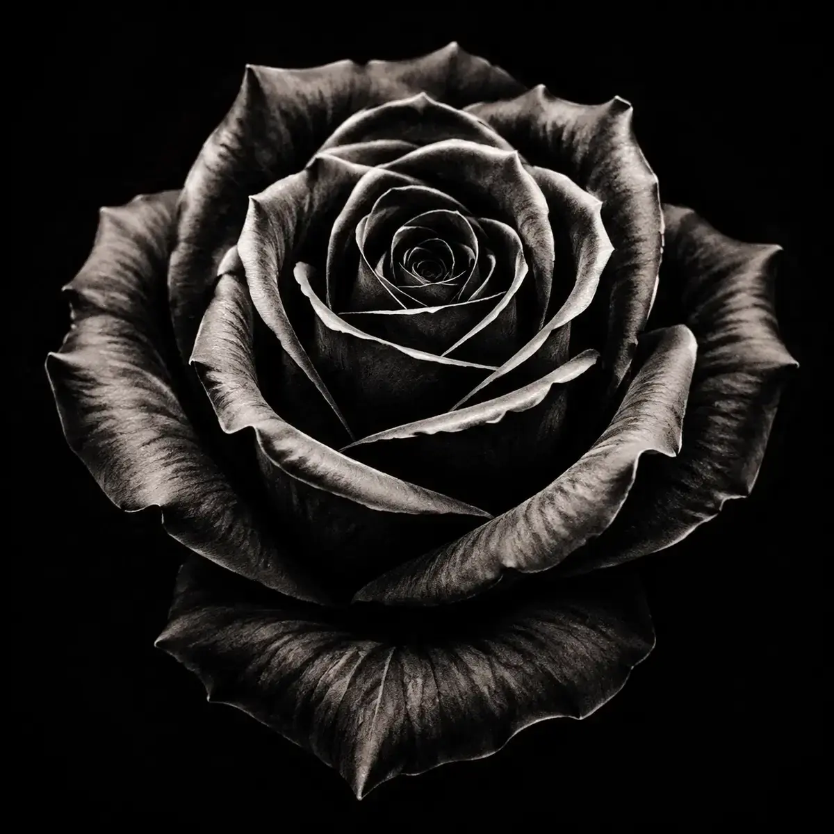 Black-and-gray rose tattoo concept with deep shadows and bold contrast, representing the Dark / high contrast choice in Question 3 of the Broken Clover artist quiz.