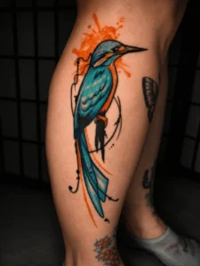 Colorful watercolor kingfisher tattoo by Jasmine at Broken Clover Tattoo in Tucson
