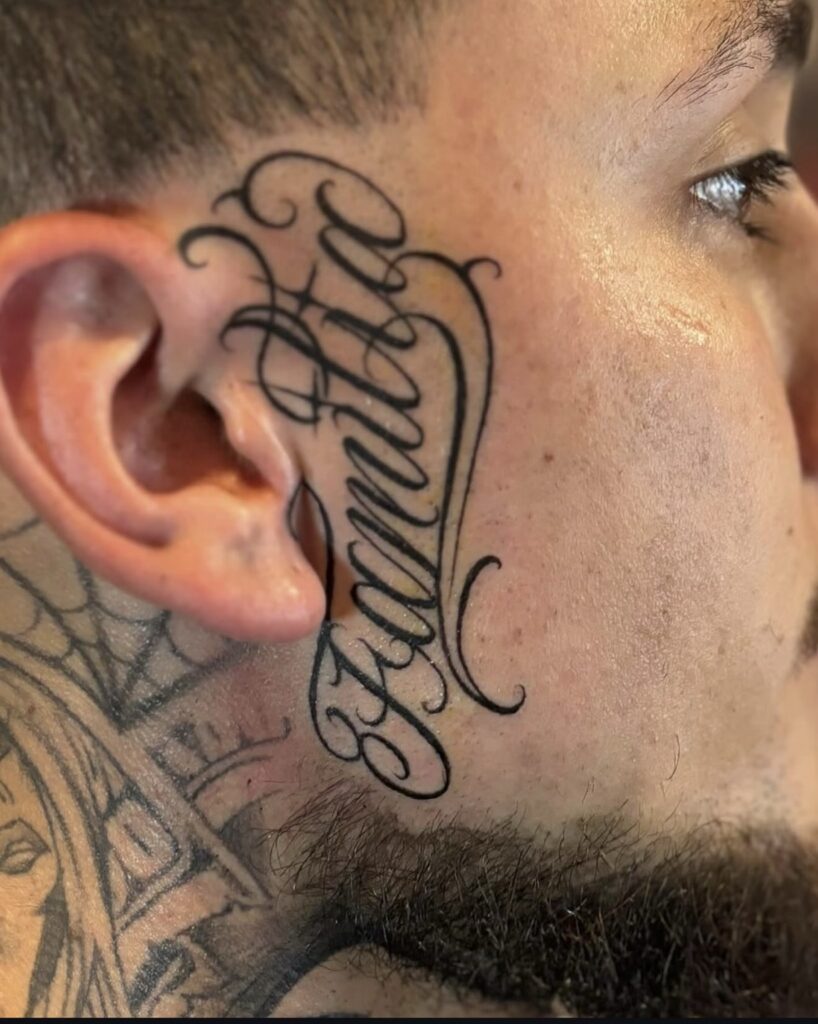 Custom Family script face tattoo drawn by Jay at Broken Clover Tattoo