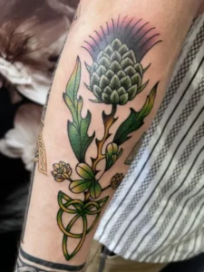 Color Celtic thistle tattoo with green leaves and knotwork by Shawna at Broken Clover Tattoo in Tucson