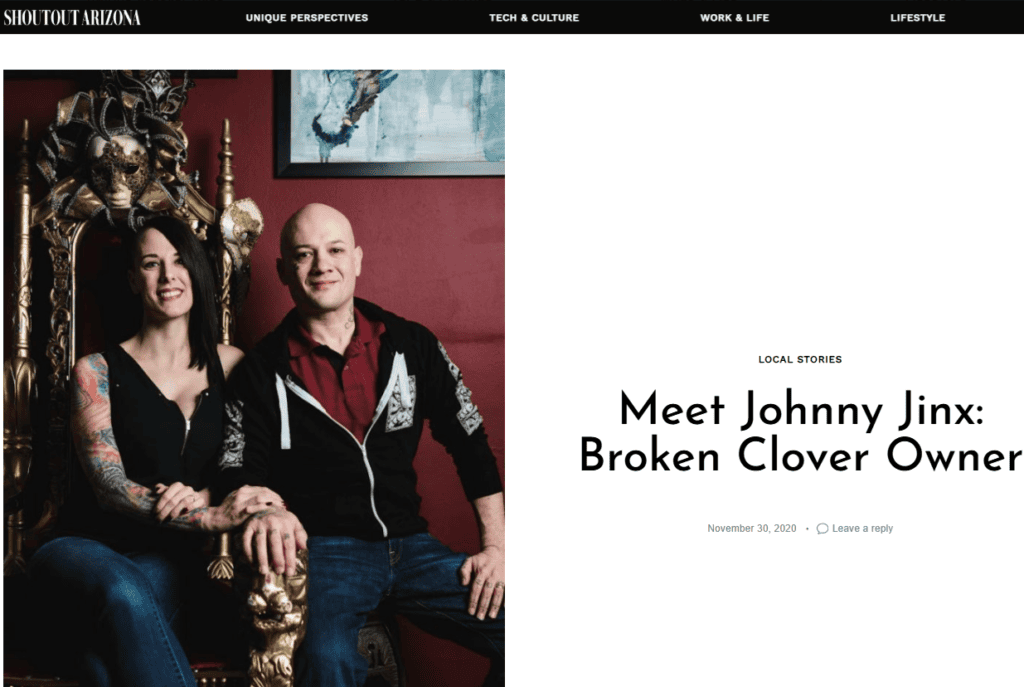 Johnny Jinx and Shawna photographed for a 2020 Shoutout Arizona feature about Broken Clover Tattoo.