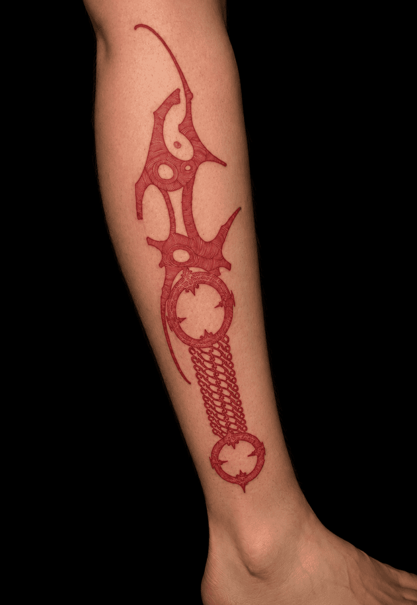 Red ornamental biomechanical linework tattoo by Tim at Broken Clover Tattoo in Tucson