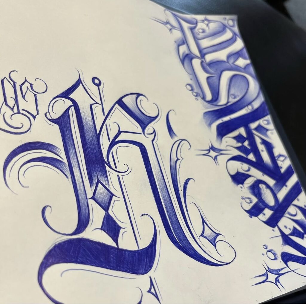 Original Chicano lettering studies drawn in blue ballpoint pen by Jay