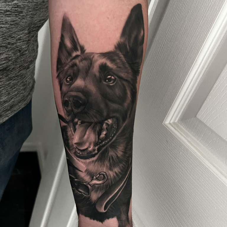 Dog portrait, black, and gray tattoo