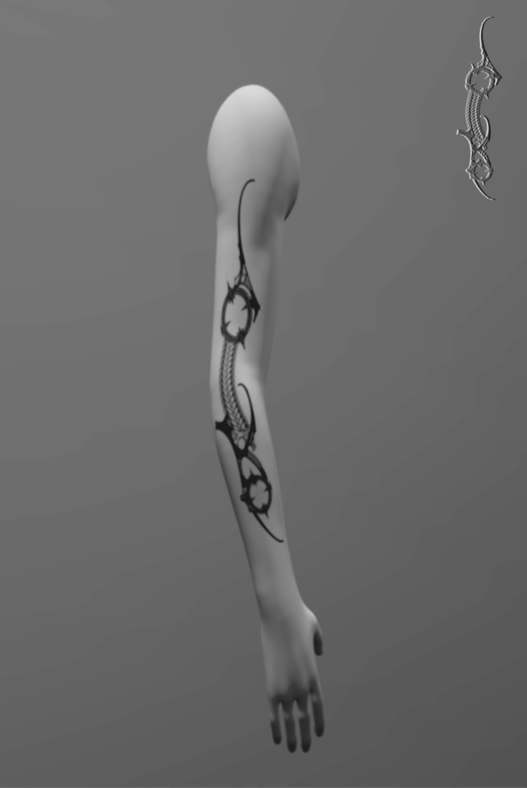Arm sleeve tattoo extending from lower shoulder to mid forearm