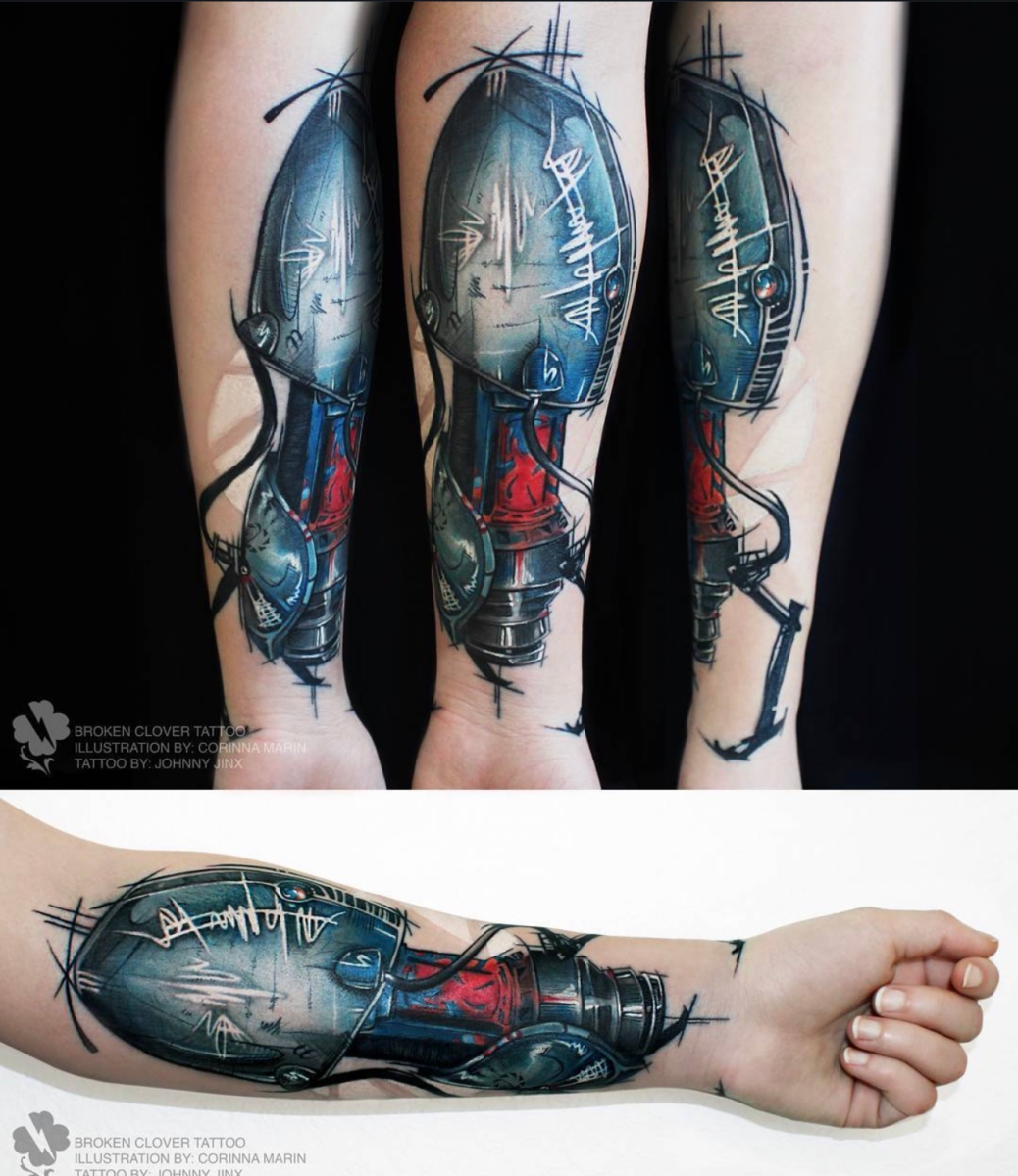 Watercolor-style portal gun tattoo with vivid color by Jinx at Broken Clover Tattoo in Tucson