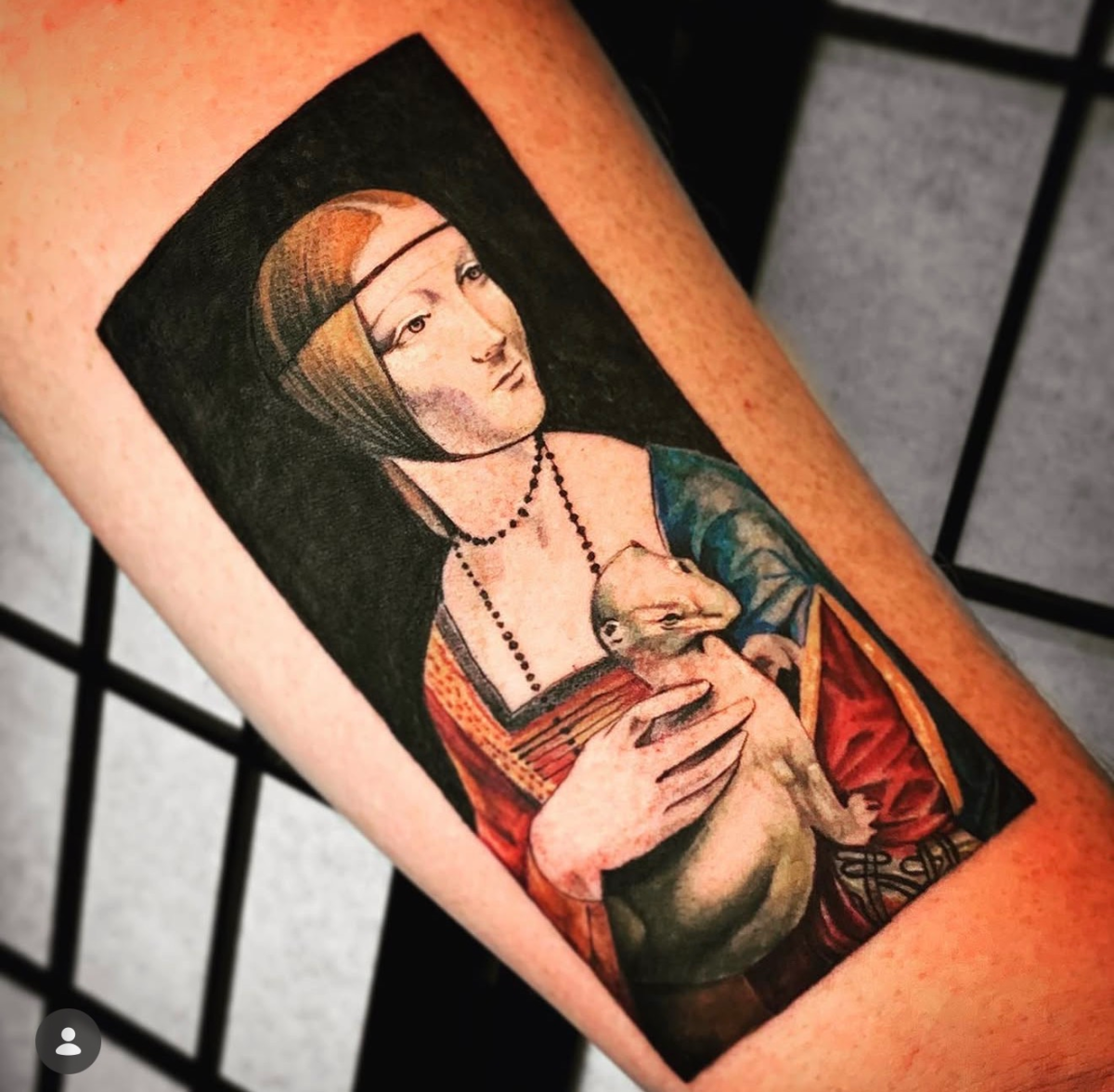 Micro-realism tattoo of Leonardo da Vinci's Lady with an Ermine by Jinx at Broken Clover Tattoo in Tucson
